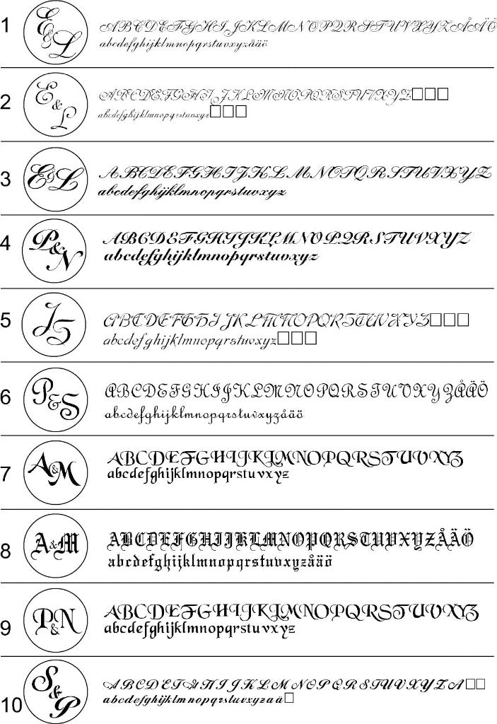 Monogrammisinetti omilla kirjaimilla tai nimellä. Koko Ø 26 mm, useita eri fontteja.